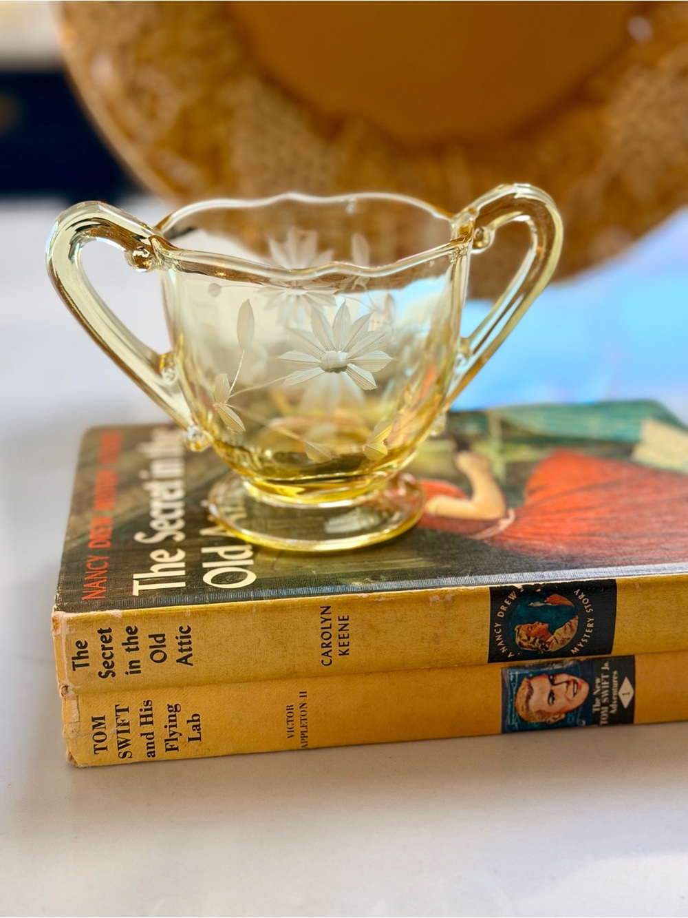 Vintage Lancaster glass Etched Glass Sugar Bowl - Dual Handle